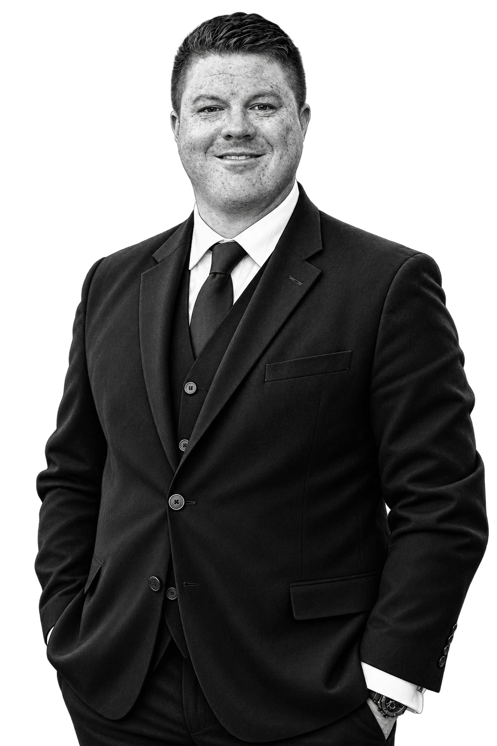Illustrated portrait of Drew Armenta in a suit
